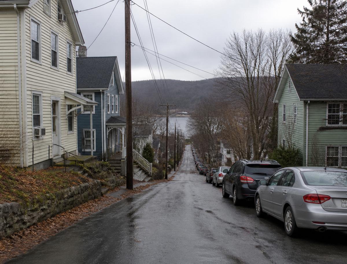 A steep residential street in Hastings-on-Hudson sloping down toward the river, cars parked along the curb.